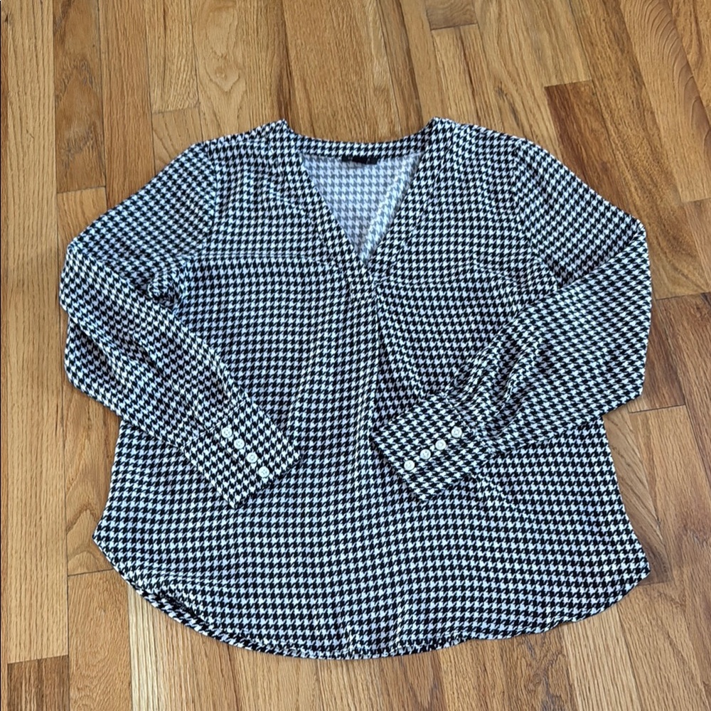 ANN Taylor Mixed Material Black/White Houndstooth Women's Blouse, Size XSP